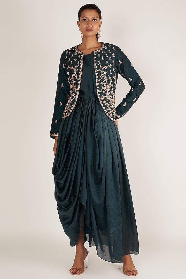 Blue Anarkali With Embroidered Jacket by Himani And Anjali Shah