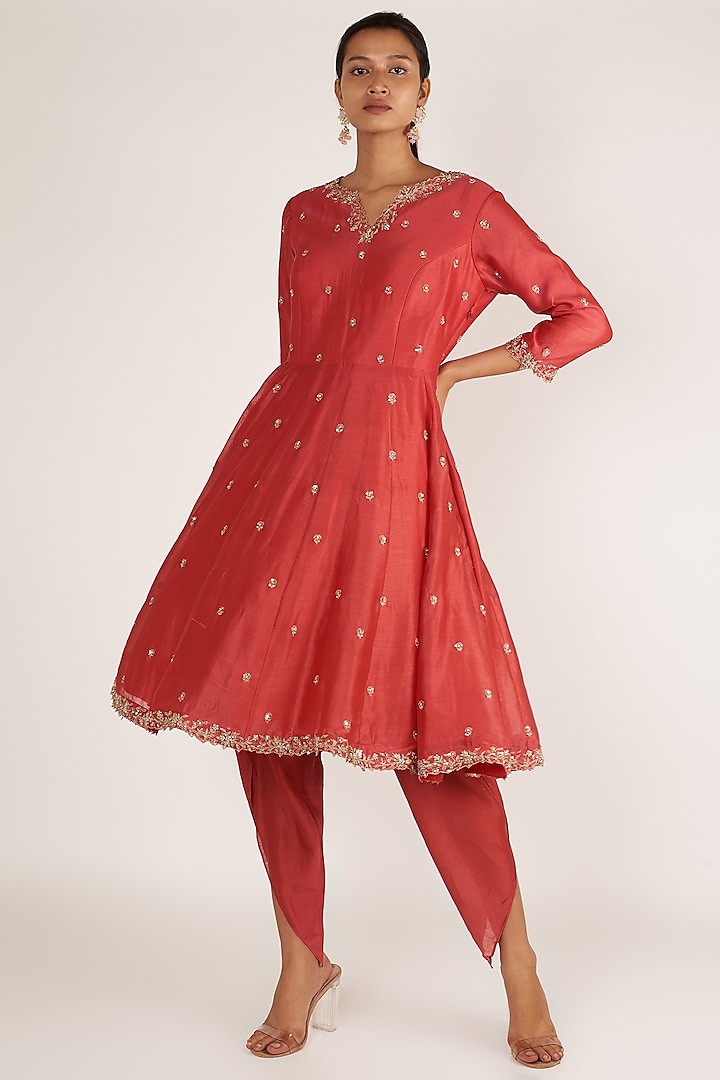 Red Anarkali With Pants by Himani And Anjali Shah