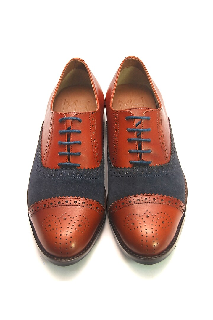 Tan & Navy Patent Leather Handmade Brogue Oxford Shoes by Harper Woods