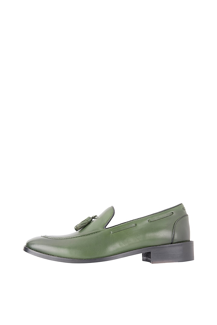 Dark Green Hand Painted Tasseled Loafer Shoes by Harper Woods
