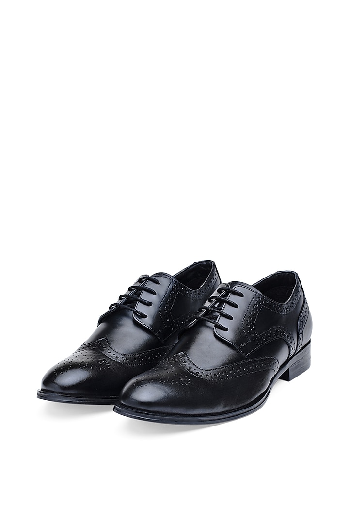 Black Leather Brogue Derby Shoes by Harper Woods