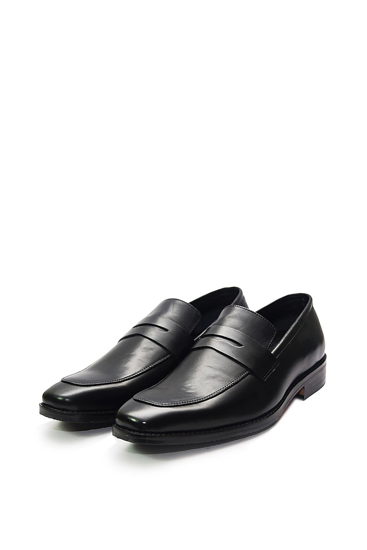 Black Leather Slip-On Loafers by Harper Woods