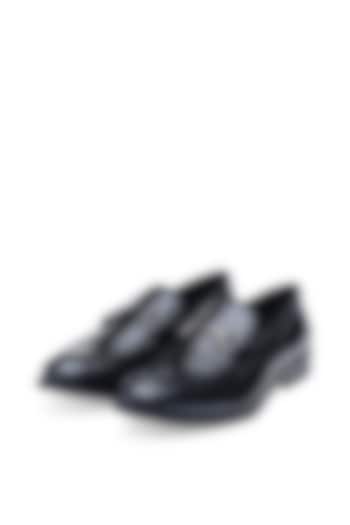 Black Leather Saddle Slip-Ons by Harper Woods