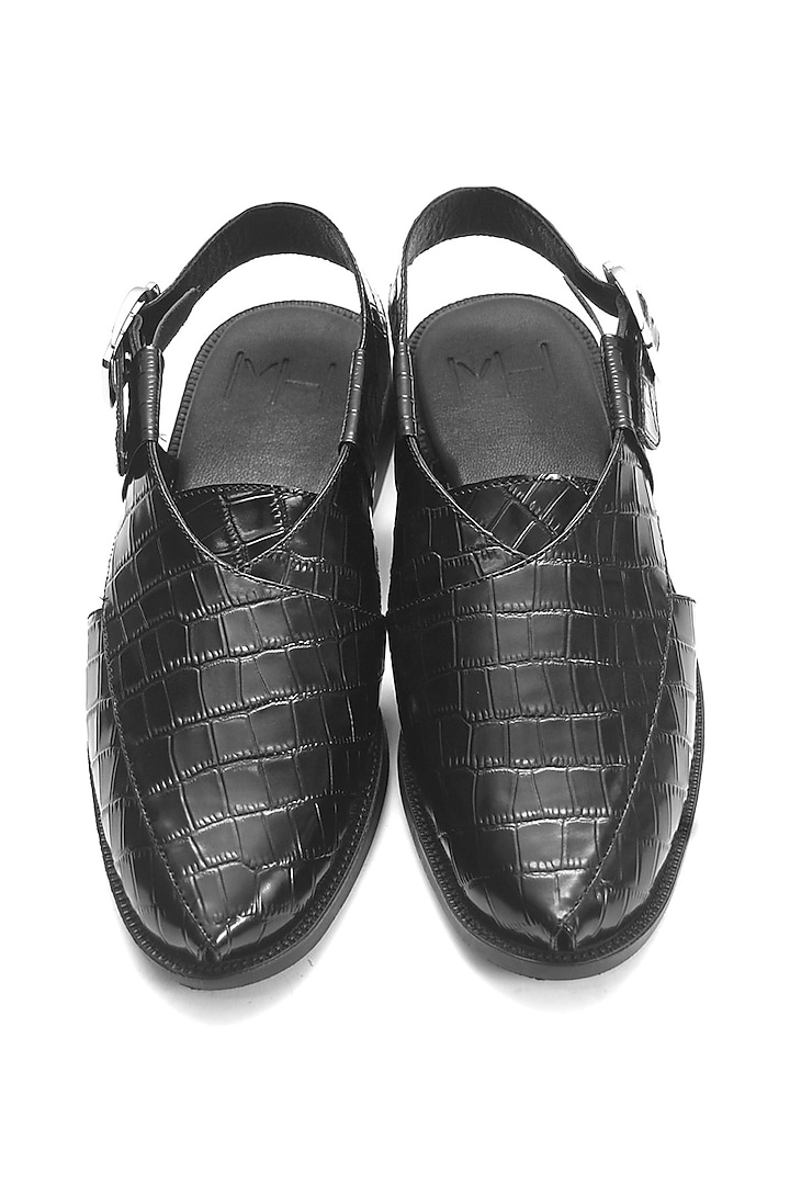 Black Croc Printed Leather Handmade Peshawari Sandals by Harper Woods