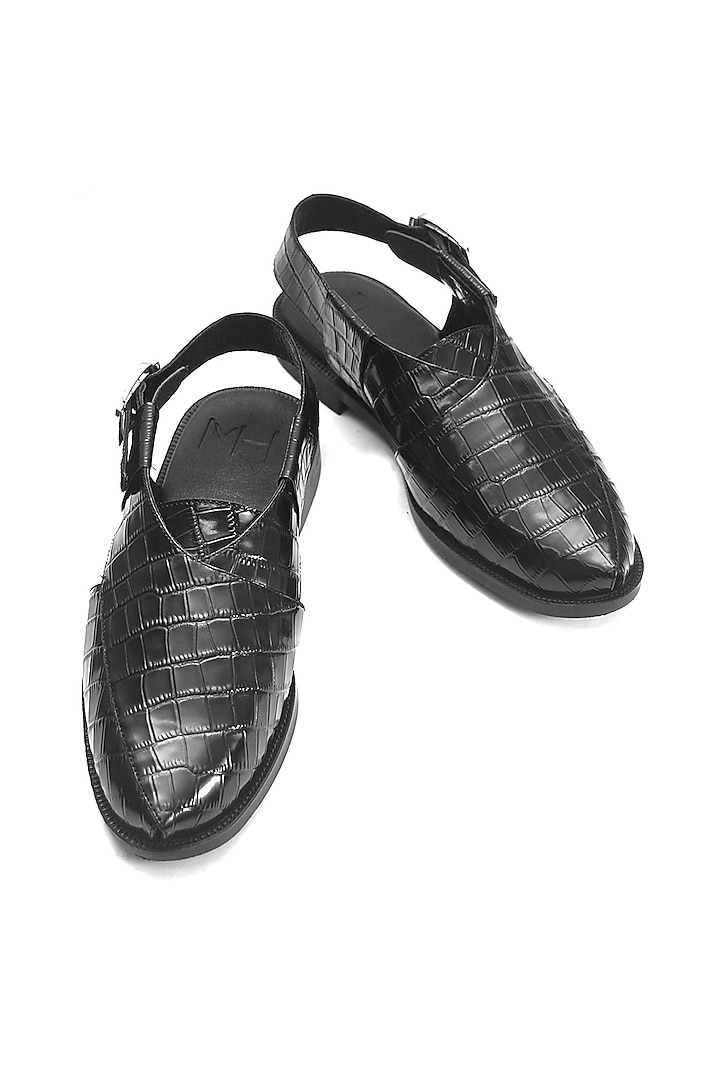 Black Croc Printed Leather Handmade Peshawari Sandals by Harper Woods at Pernia's Pop Up Shop