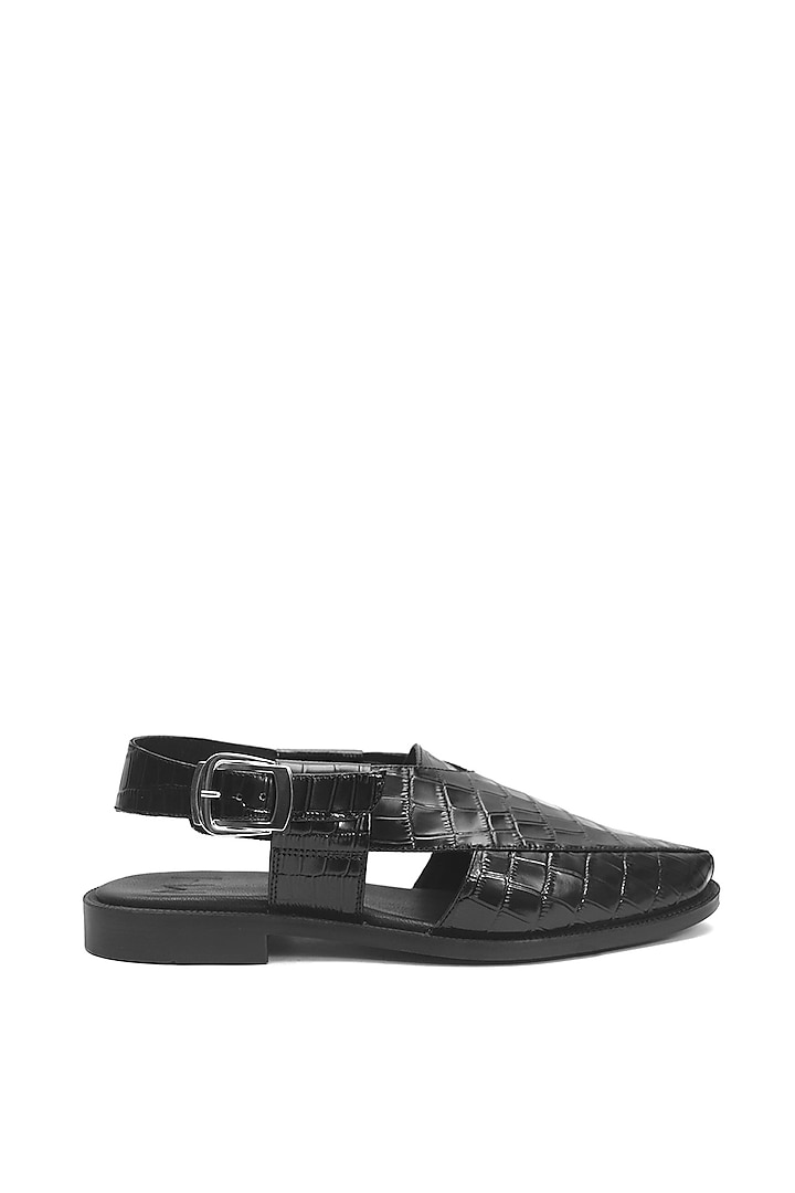 Black Croc Printed Leather Handmade Peshawari Sandals by Harper Woods at Pernia's Pop Up Shop