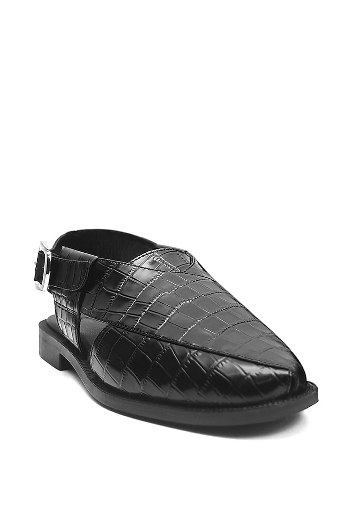 Black Croc Printed Leather Handmade Peshawari Sandals by Harper Woods at Pernia's Pop Up Shop