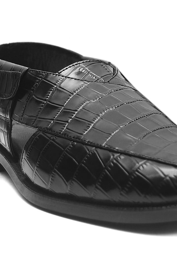 Black Croc Printed Leather Handmade Peshawari Sandals by Harper Woods at Pernia's Pop Up Shop