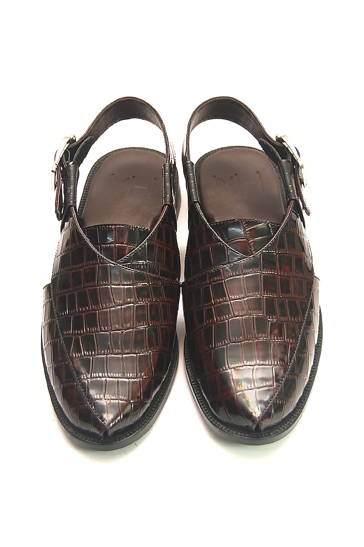 Brown Croc Printed Leather Handmade Peshawari Sandals by Harper Woods