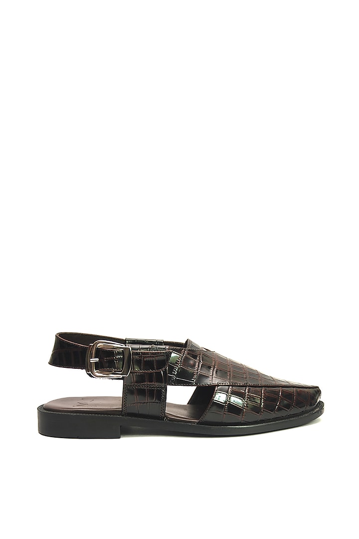 Brown Croc Printed Leather Handmade Peshawari Sandals by Harper Woods at Pernia's Pop Up Shop
