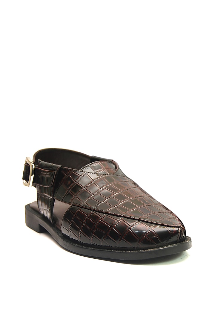 Brown Croc Printed Leather Handmade Peshawari Sandals by Harper Woods at Pernia's Pop Up Shop