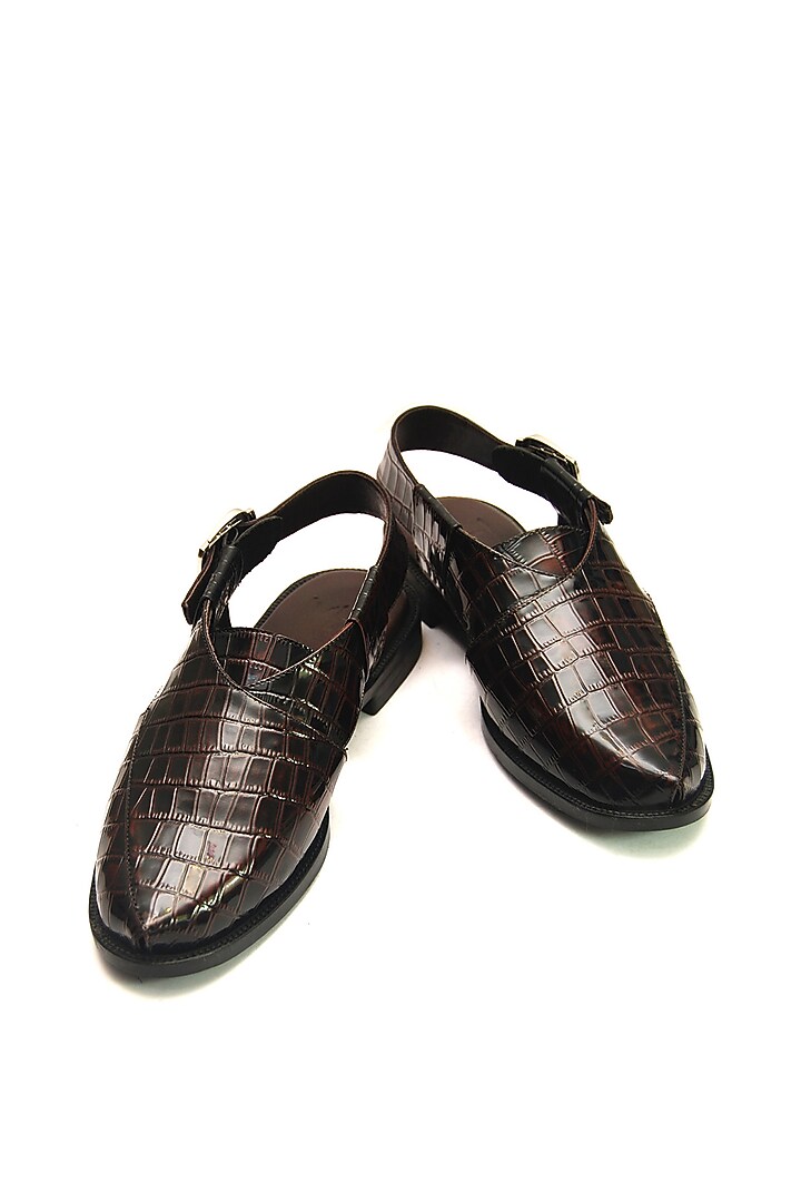 Brown Croc Printed Leather Handmade Peshawari Sandals by Harper Woods at Pernia's Pop Up Shop