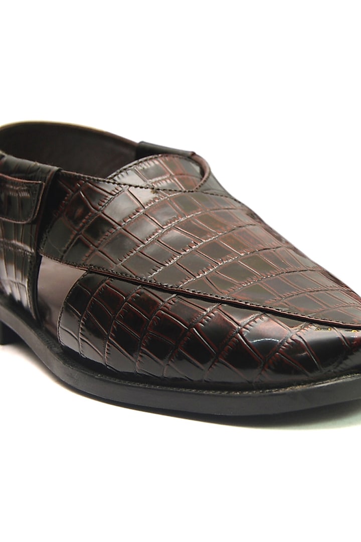 Brown Croc Printed Leather Handmade Peshawari Sandals by Harper Woods at Pernia's Pop Up Shop