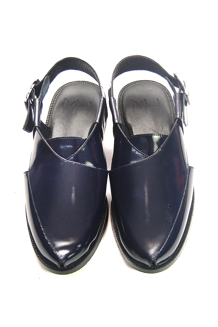 Navy Blue Hi-Shine Leather Handmade Peshawari Sandals by Harper Woods