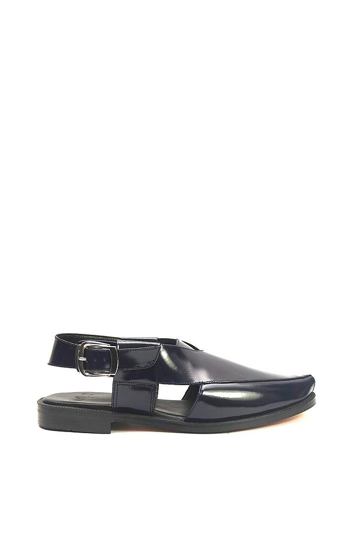 Navy Blue Hi-Shine Leather Handmade Peshawari Sandals by Harper Woods at Pernia's Pop Up Shop