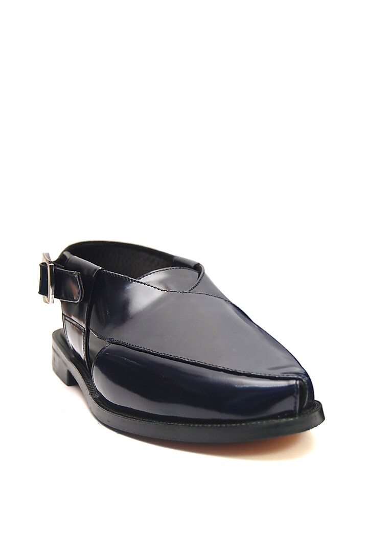 Navy Blue Hi-Shine Leather Handmade Peshawari Sandals by Harper Woods at Pernia's Pop Up Shop