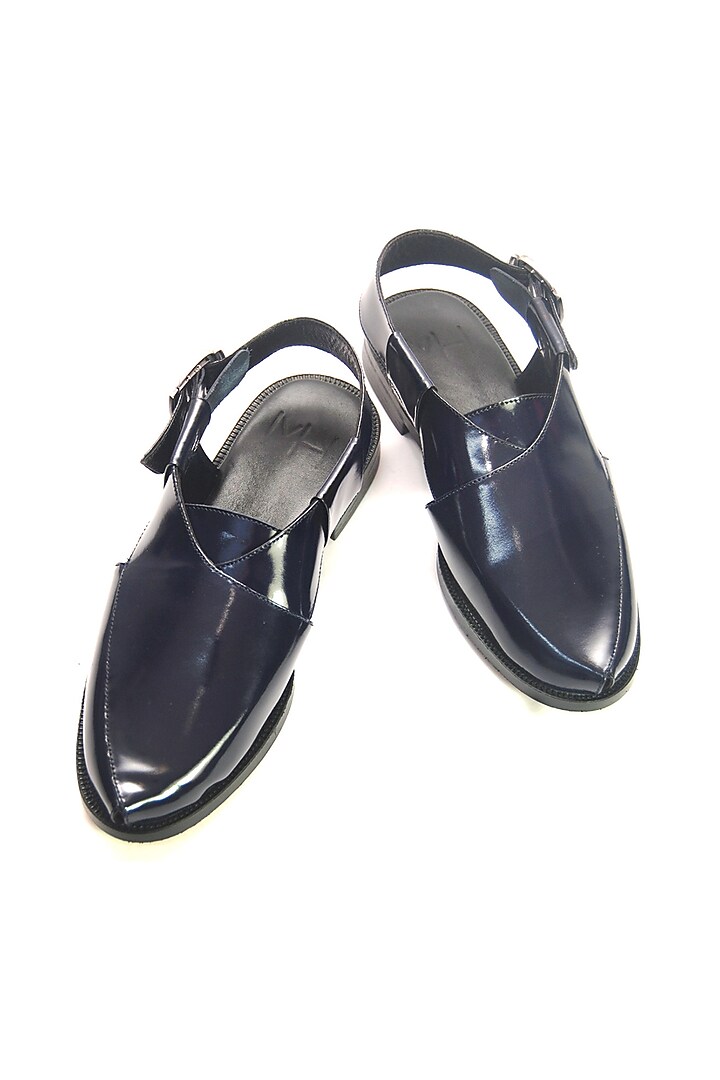 Navy Blue Hi-Shine Leather Handmade Peshawari Sandals by Harper Woods at Pernia's Pop Up Shop