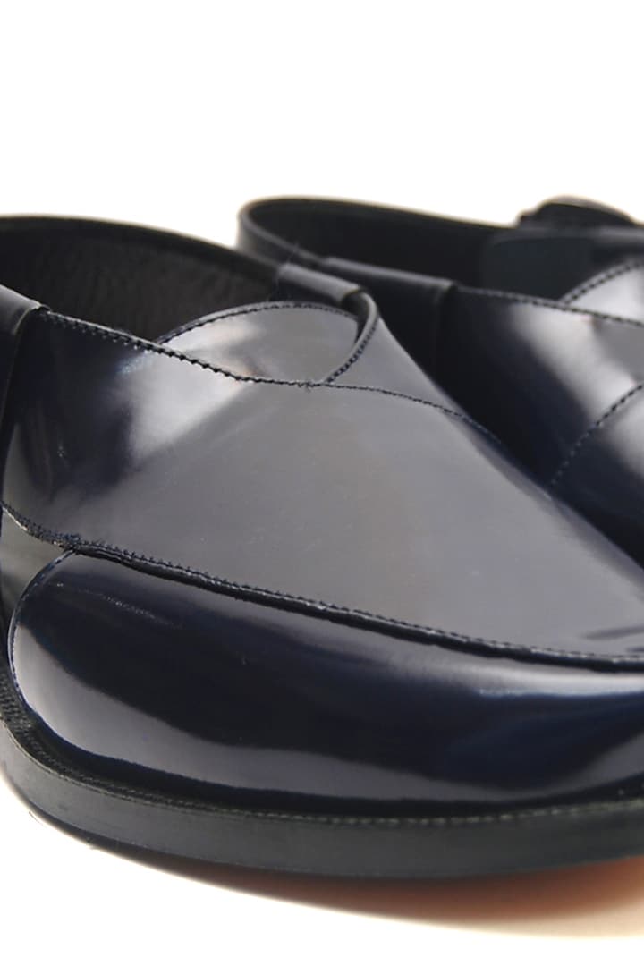 Navy Blue Hi-Shine Leather Handmade Peshawari Sandals by Harper Woods at Pernia's Pop Up Shop