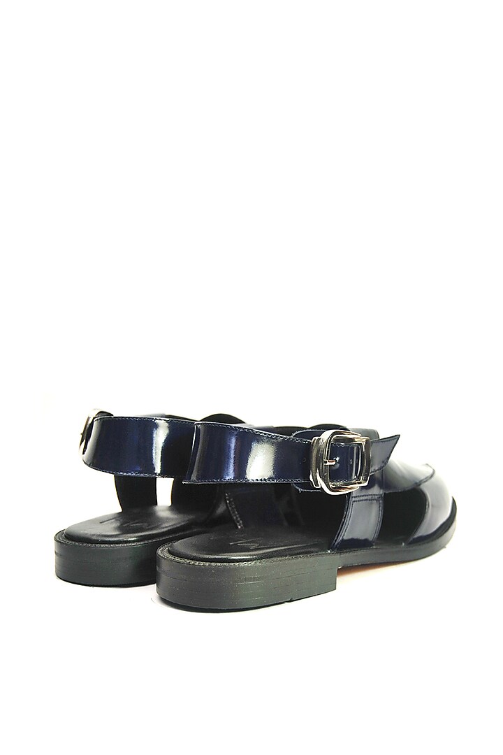Navy Blue Hi-Shine Leather Handmade Peshawari Sandals by Harper Woods at Pernia's Pop Up Shop