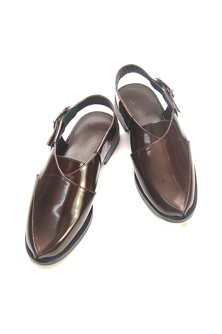 Brown Hi-Shine Leather Handmade Peshawari Sandals by Harper Woods at Pernia's Pop Up Shop