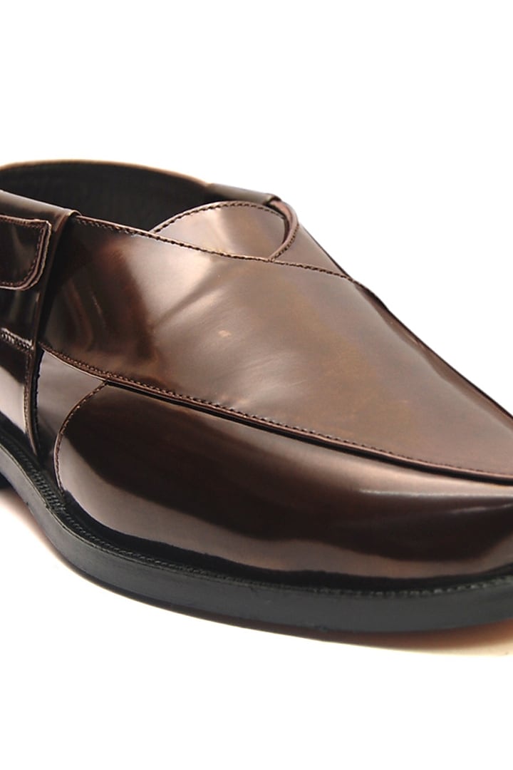 Brown Hi-Shine Leather Handmade Peshawari Sandals by Harper Woods at Pernia's Pop Up Shop