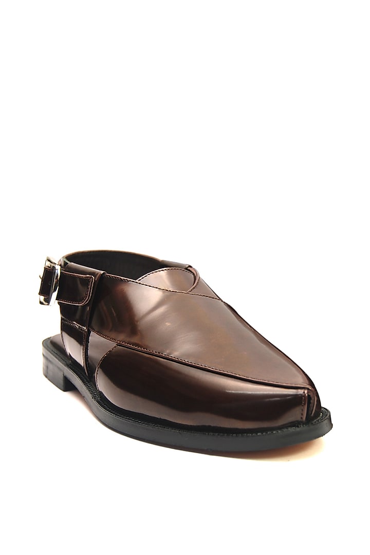 Brown Hi-Shine Leather Handmade Peshawari Sandals by Harper Woods at Pernia's Pop Up Shop