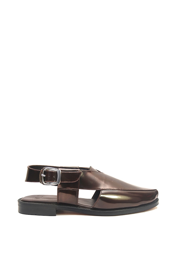 Brown Hi-Shine Leather Handmade Peshawari Sandals by Harper Woods at Pernia's Pop Up Shop