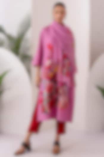 Salmon Pink Silk Chanderi Digital Printed Tunic Set by Haute Mess at Pernia's Pop Up Shop