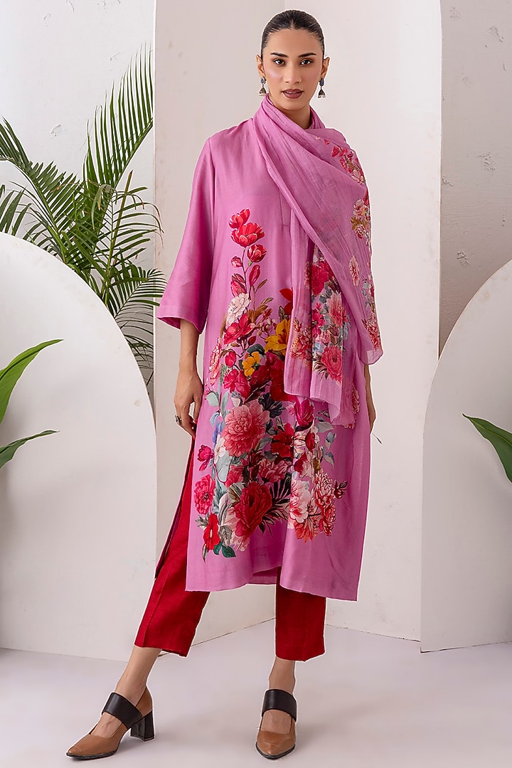 Salmon Pink Silk Chanderi Digital Printed Tunic Set by Haute Mess at Pernia's Pop Up Shop