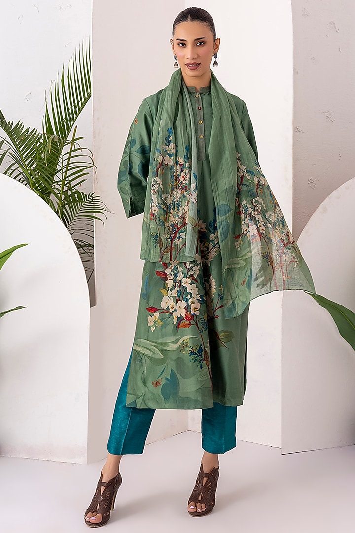 Sage Green Silk Chanderi Digital Printed Tunic Set by Haute Mess at Pernia's Pop Up Shop