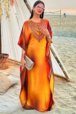 Yellow Habutai Silk Dyed & Embroidered Kaftan by Mala and Kinnary