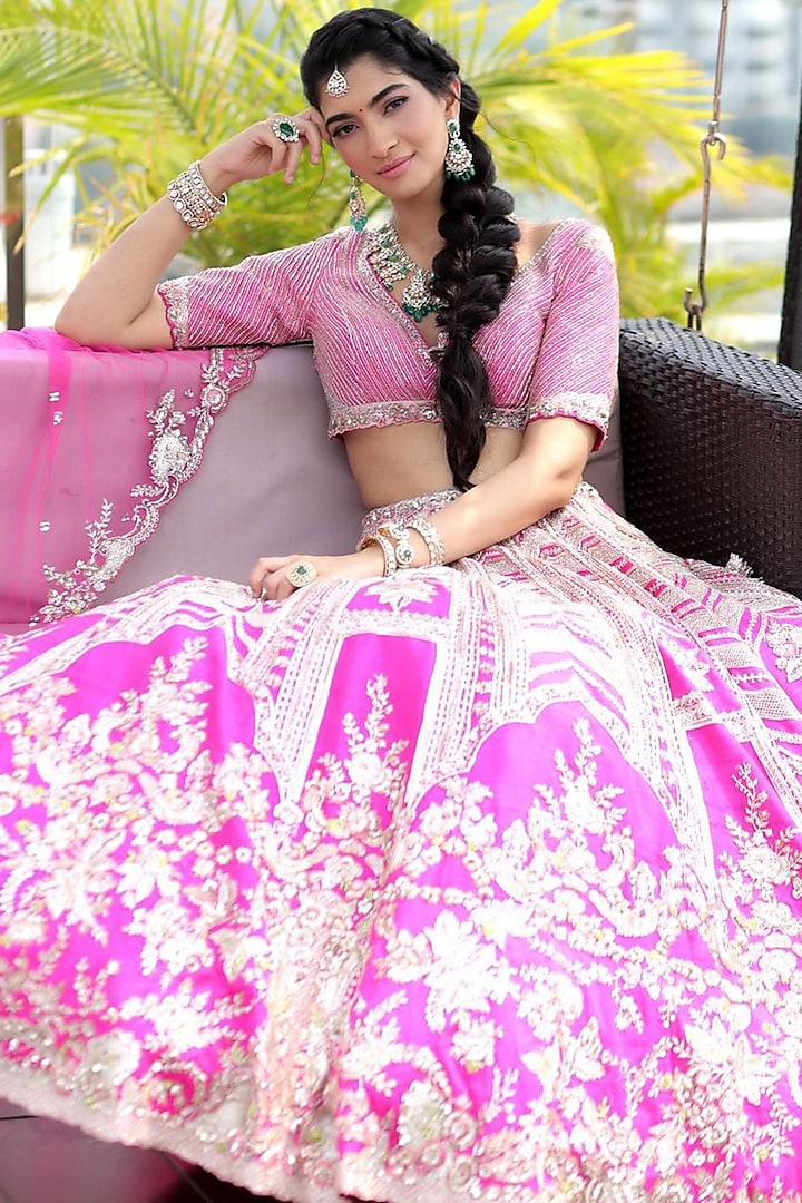 Fuchsia Raw Silk Embroidered Bridal lehenga for 22 Lehenga Set  by Dolly J at Pernia's Pop Up Shop