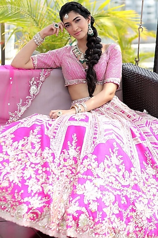 Fuchsia Raw Silk Embroidered Lehenga Set  by Dolly J