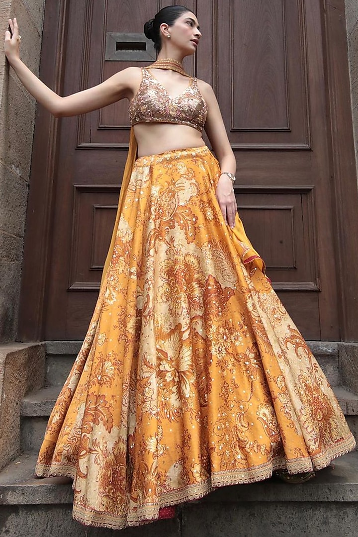 Yellow Ochre Viscose Printed & Embroidered Bridal lehenga for 22 Lehenga Set by Ri Ritu Kumar at Pernia's Pop Up Shop