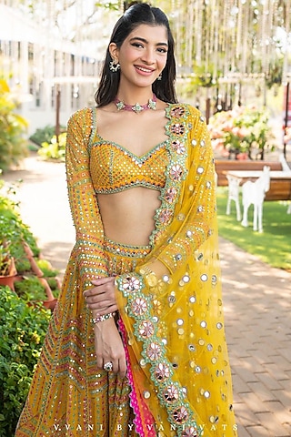 Yellow Georgette Zari Embroidered  Lehenga Set by Vvani By Vani Vats