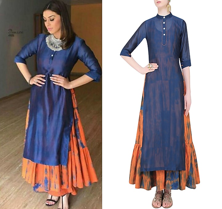 Navy plain kurta with orange tie and dye tiered dress available only at Pernia's Pop Up Shop.