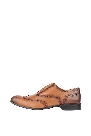 Tan Printed Classic Wingtip Brogue Shoes by Harper Woods