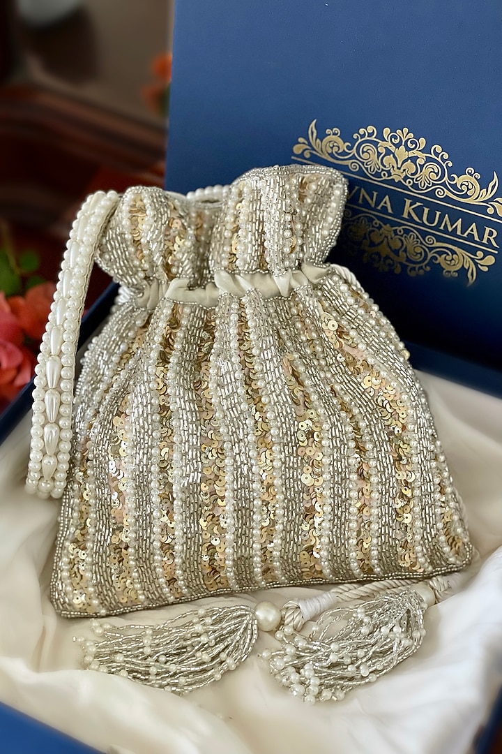 White Hand Embroidered Potli by BHAVNA KUMAR at Pernia's Pop Up Shop