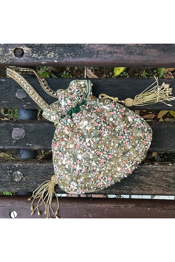 Bottle Green & Pink Hand Embroidered Potli by BHAVNA KUMAR at Pernia's Pop Up Shop