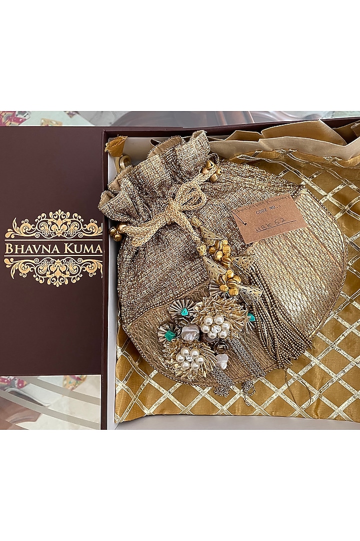 Gold Hand Embroidered Potli by BHAVNA KUMAR at Pernia's Pop Up Shop