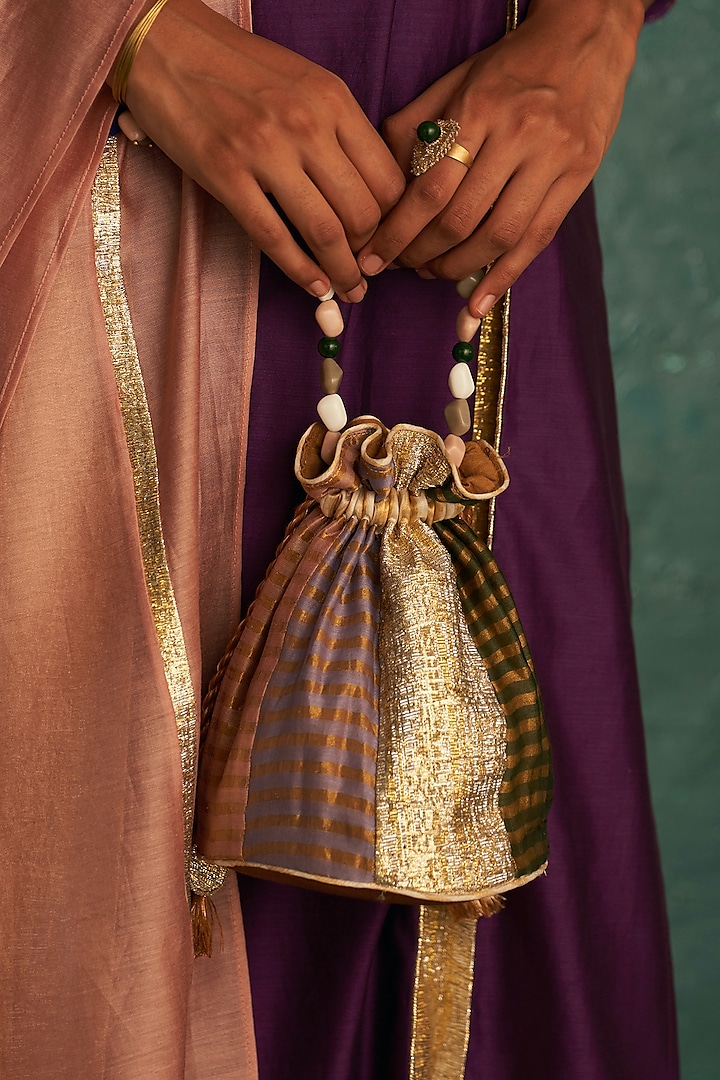 Multi-Colored Silk Tissue Panelled Potli by Charkhee Accessories