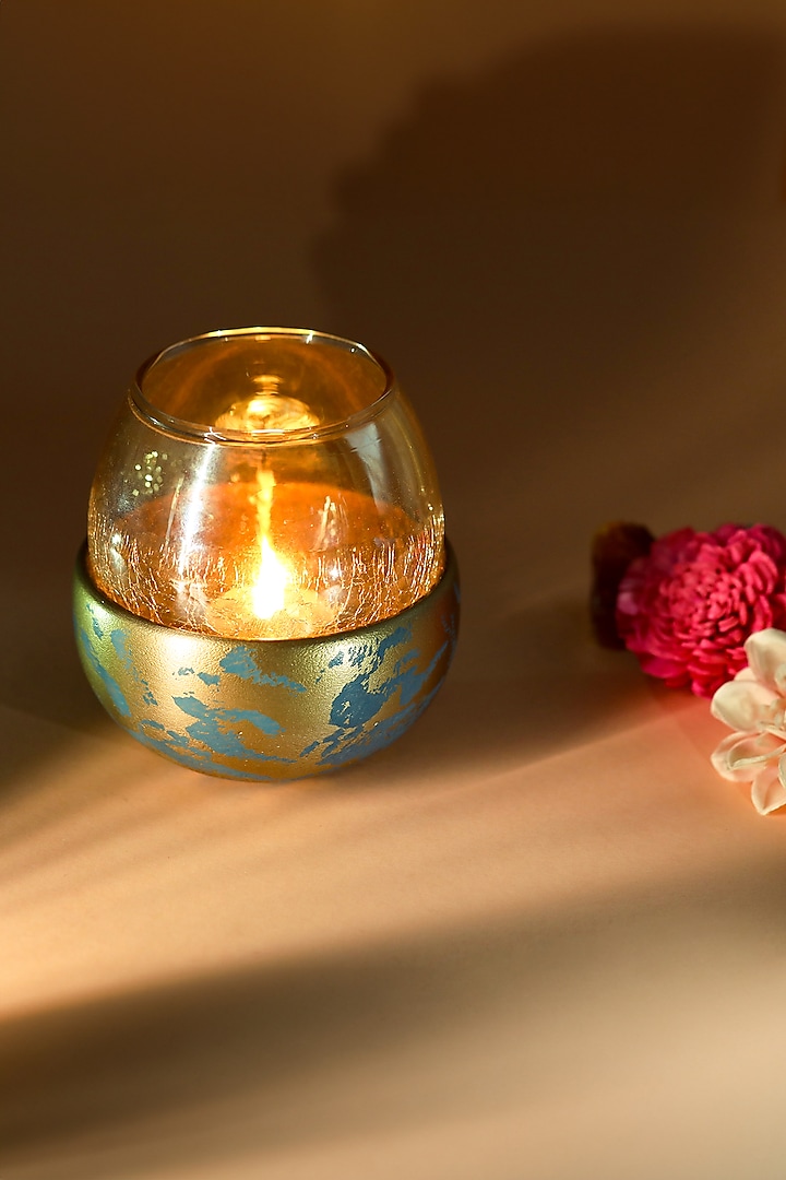 Golden Metal & Glass Tea Light Holder by Home Couture Collective