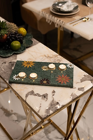 Green Marble & Mother of Pearl Platter With Tea Light Holder by Home Couture Collective