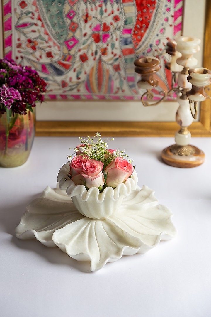 White Italian Marble Handcrafted Platter With Bowl by Home Couture Collective at Pernia's Pop Up Shop