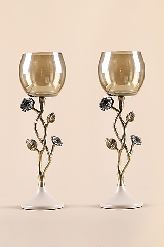 Golden Glass & Beige Satin Powder Coat Tealight Candle Holder by Home Couture Collective