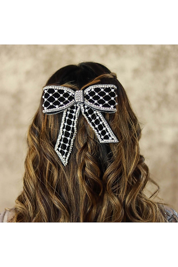 Black Velvet Pearl Embellished Barrette Hair Bow Clip by Hair Drama Company at Pernia's Pop Up Shop