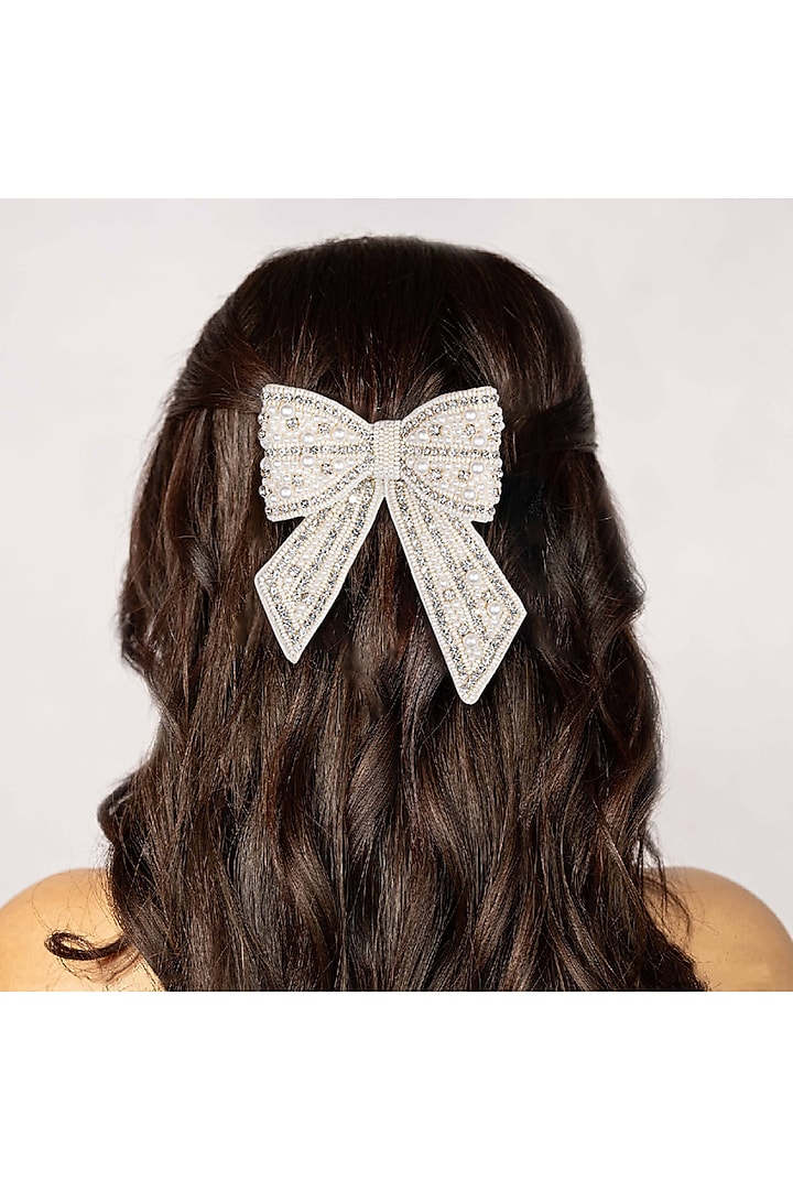 Silver Crystal & Pearl Embellished Barrette Hair Bow Clip by Hair Drama Company at Pernia's Pop Up Shop