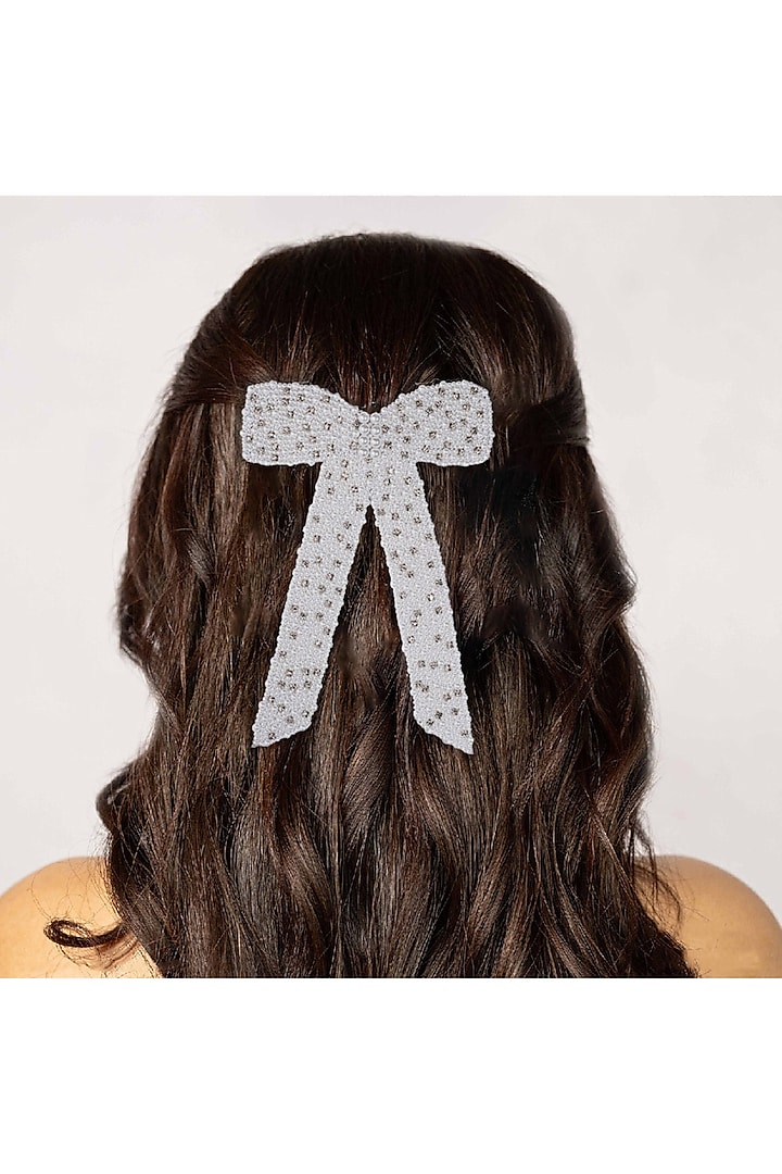 White Crystal & Pearl Embellished Barrette Hair Bow Clip by Hair Drama Company at Pernia's Pop Up Shop