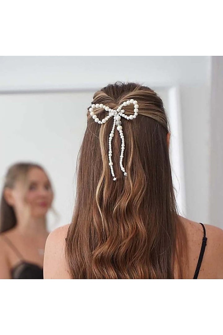 Off-White Pearl & Beaded Alligator Hair Bow Clip by Hair Drama Company at Pernia's Pop Up Shop