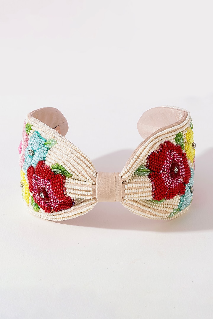 Off-White Silk Satin Glass Beaded Knotted Headband by Hair Drama Company at Pernia's Pop Up Shop